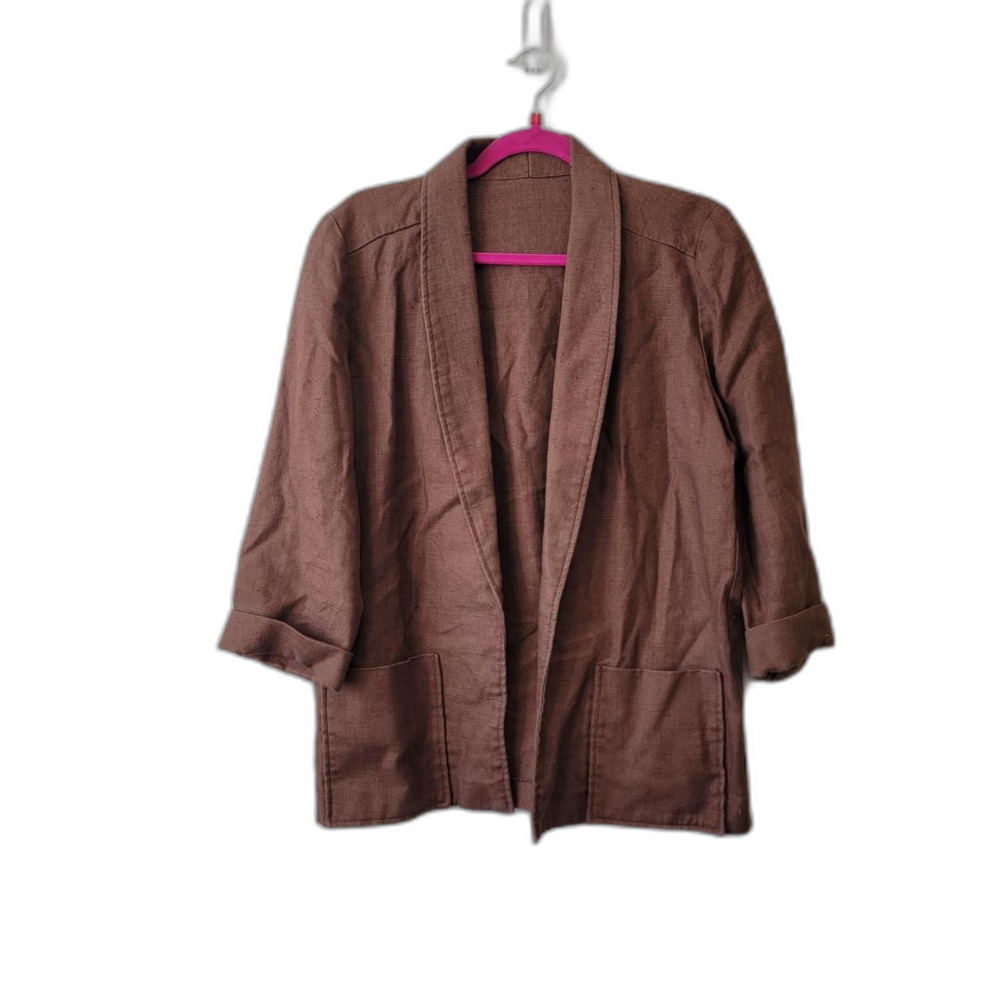 Champagne Brown Linen Blazer Open Front 3/4 Sleeve Pockets Size 12